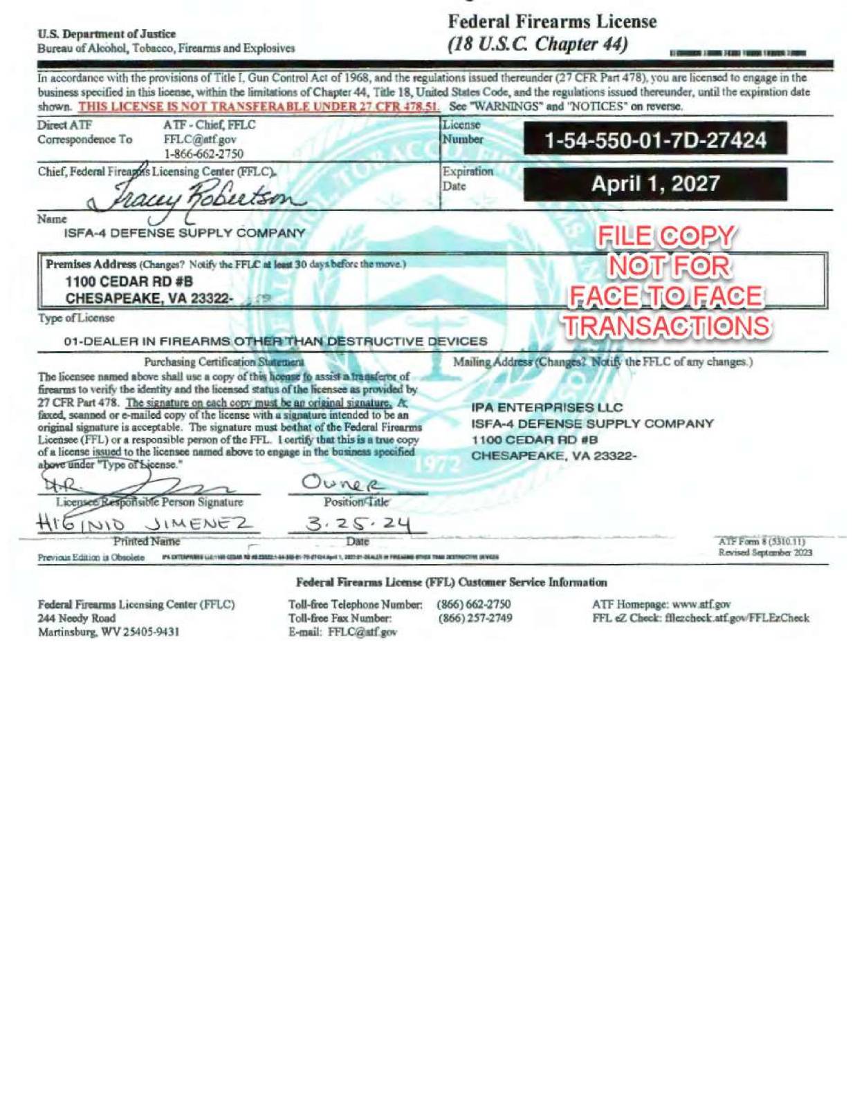 Current ISFA-4 Federal Firearms License