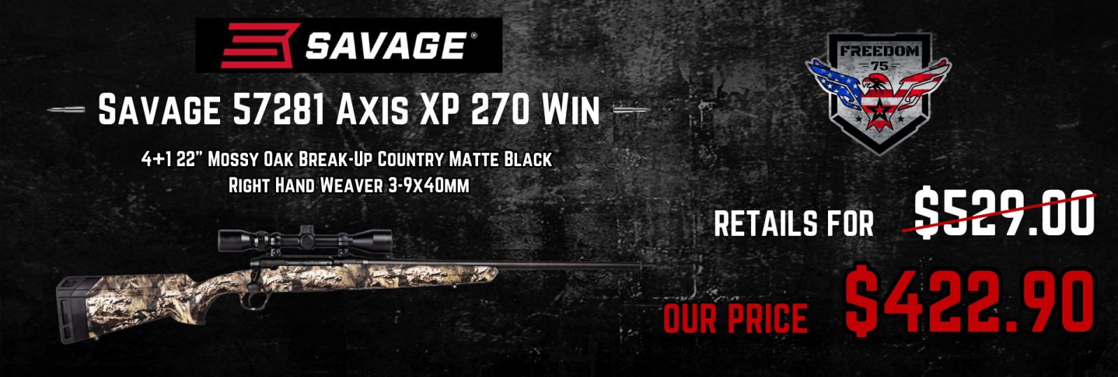 Savage 57281 Axis XP 270 Win 4+1 22" Mossy Oak Break-Up Country Matte Black Right Hand Weaver 3-9x40mm