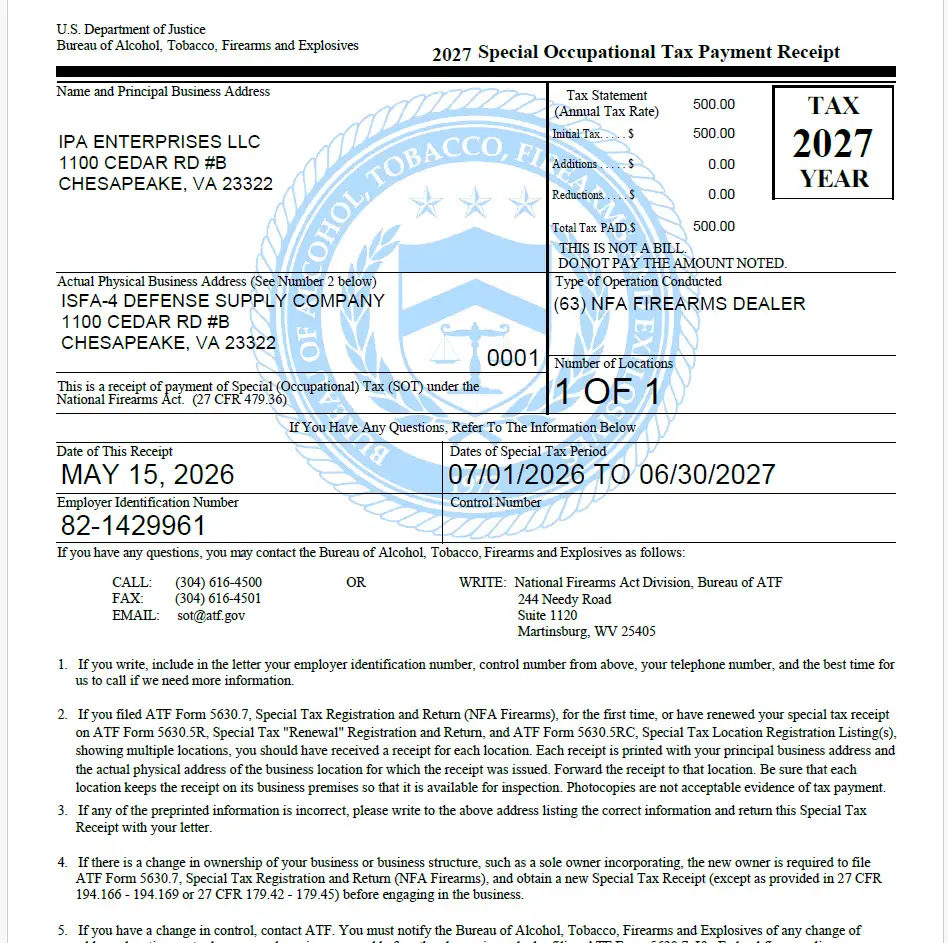 Current ISFA-4 Special Occupational Tax document